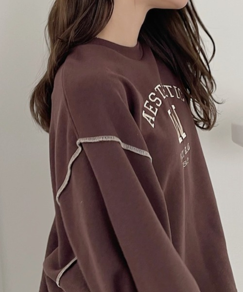 TREOVER（トレオーバー）の「配色ステッチ・刺繍ロゴ 裏起毛BIGプルオーバー（スウェット・レディース・ダークブラウン/レッド/アイボリー/ブラック・FREE）」の7枚目の写真