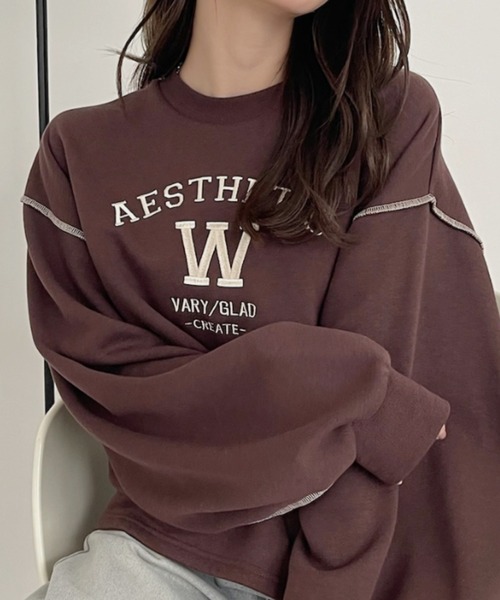 TREOVER（トレオーバー）の「配色ステッチ・刺繍ロゴ 裏起毛BIGプルオーバー（スウェット・レディース・ダークブラウン/レッド/アイボリー/ブラック・FREE）」の8枚目の写真