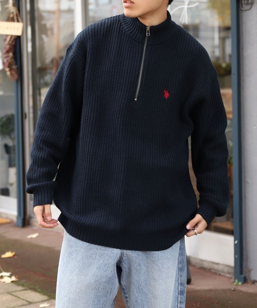 U.S. POLO ASSN.（ユーエスポロアッスン）の「【U.S. POLO ASSN.】 7G あぜ編み ハーフジップ ニット / 長袖（ニット/セーター・メンズ・レッド/ベージュ/ダークブルー/ネイビー/アイボリー/バイオレット/ダークオレンジ・LARGE/MEDIUM/X-LARGE）」の4枚目の写真