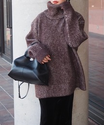 mix color high neck knit /バイカラー ビッグシルエット タートルネック ニット