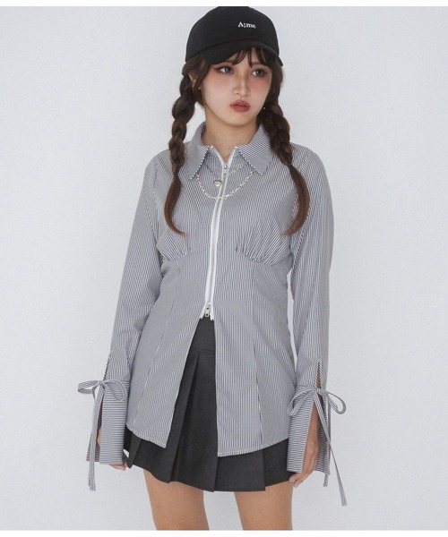 ANAP GiRL(アナップガール)の「【ティーンズライン】ダブルジップ デザインシャツ(MLサイ(シャツ/ブラウス・キッズ・ブラック×ホワイト/ライトグレー・M/L)」の2枚目の写真