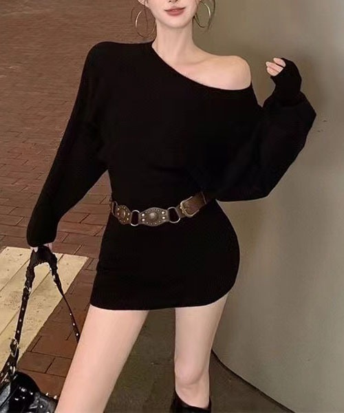 セール】シャギーミニワンピース ニットワンピース｛ベルト付き