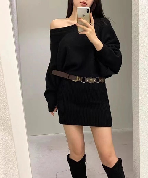 gossip！ロサンゼルス（ゴシップロサンゼルス）の「シャギーミニワンピース　ニットワンピース｛ベルト付き｝（ワンピース・レディース・ブラック/カーキ・FREE）」の3枚目の写真