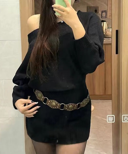 セール】シャギーミニワンピース ニットワンピース｛ベルト付き