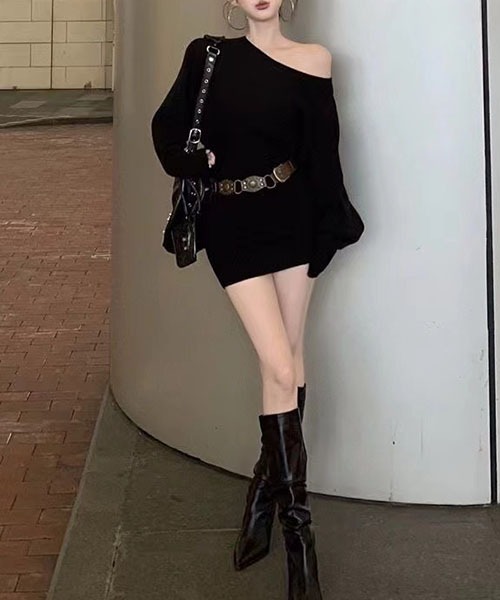 シャギーミニワンピース ニットワンピース｛ベルト付き｝（ワンピース