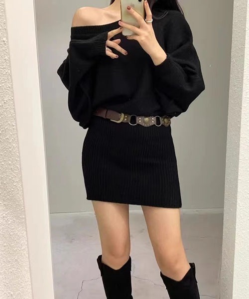 シャギーミニワンピース ニットワンピース｛ベルト付き｝（ワンピース