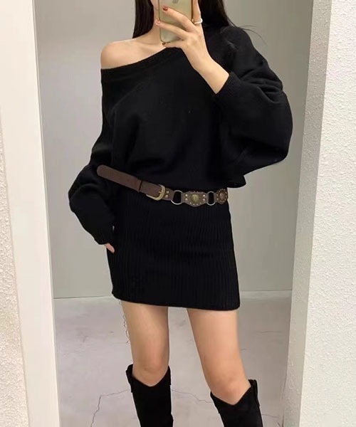 セール】シャギーミニワンピース ニットワンピース｛ベルト付き