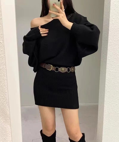 セール】シャギーミニワンピース ニットワンピース｛ベルト付き