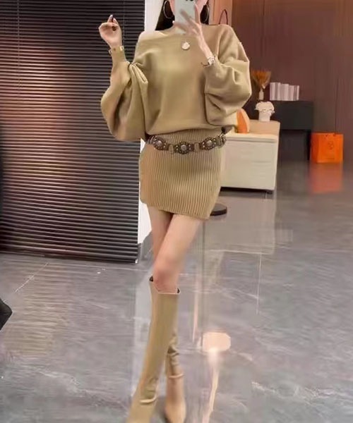 セール】シャギーミニワンピース ニットワンピース｛ベルト付き