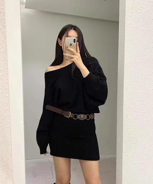 シャギーミニワンピース ニットワンピース｛ベルト付き｝（ワンピース