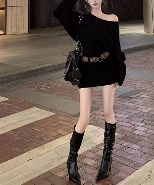 セール】シャギーミニワンピース ニットワンピース｛ベルト付き