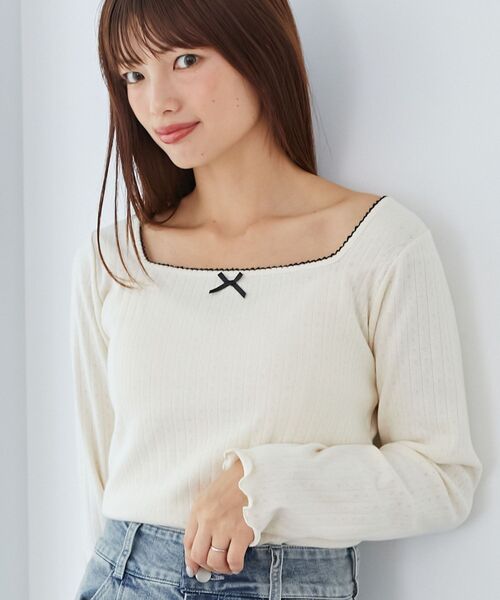 MAJESTIC LEGON（マジェスティックレゴン）の「リボン付きスクエアネックトップス（Tシャツ/カットソー・レディース・ホワイト系その他/アイボリー/グレー・MEDIUM）」の8枚目の写真