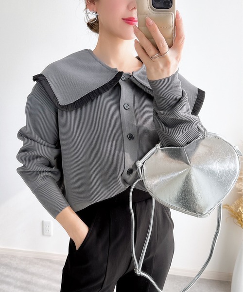 &. NOSTALGIA（アンドドットノスタルジア）の「【ZOZO限定】フリル衿カーディガン（カーディガン/ボレロ・レディース・チャコールグレー/ブラック/アイボリー・M）」の20枚目の写真