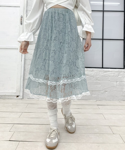 Teem Store(チームストア)の「花柄レース シースルーAラインスカート(スカート・レディース・ブルー/アイボリー/ブラック・F)」の1枚目の写真