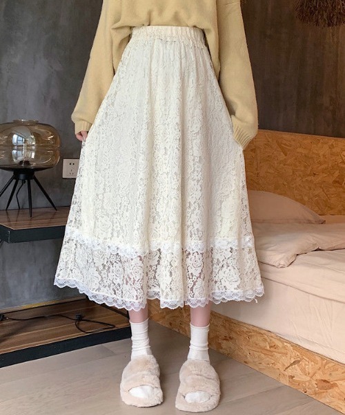 Teem Store(チームストア)の「花柄レース シースルーAラインスカート(スカート・レディース・ブルー/アイボリー/ブラック・F)」の2枚目の写真
