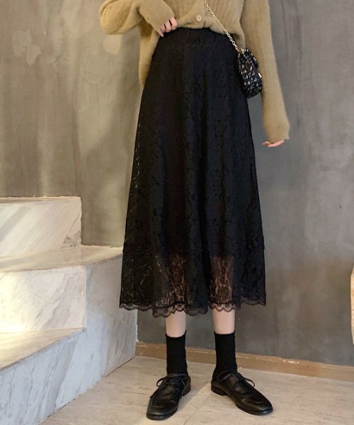Teem Store(チームストア)の「花柄レース シースルーAラインスカート(スカート・レディース・ブルー/アイボリー/ブラック・F)」の3枚目の写真