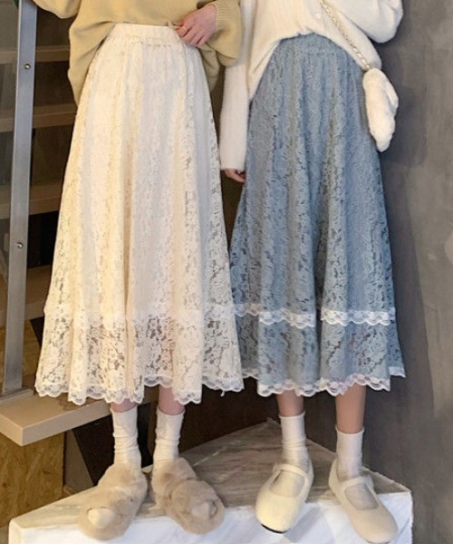 Teem Store(チームストア)の「花柄レース シースルーAラインスカート(スカート・レディース・ブルー/アイボリー/ブラック・F)」の4枚目の写真