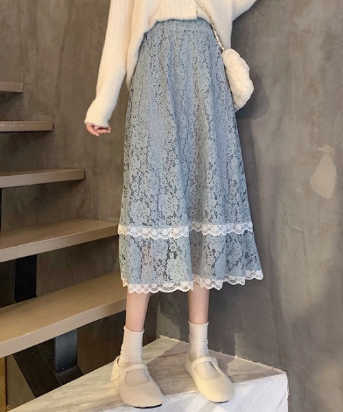 Teem Store(チームストア)の「花柄レース シースルーAラインスカート(スカート・レディース・ブルー/アイボリー/ブラック・F)」の12枚目の写真