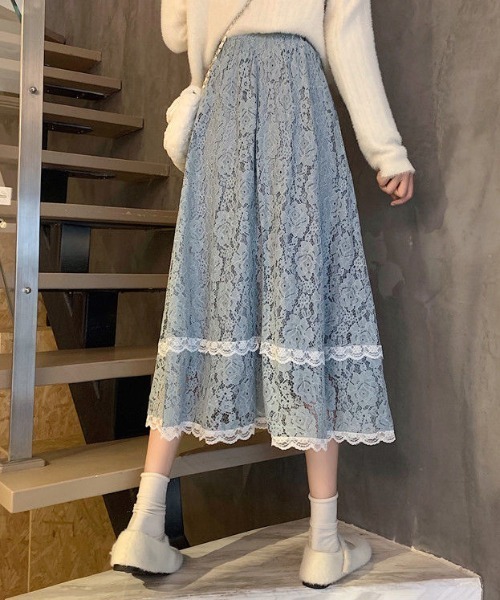 Teem Store(チームストア)の「花柄レース シースルーAラインスカート(スカート・レディース・ブルー/アイボリー/ブラック・F)」の13枚目の写真