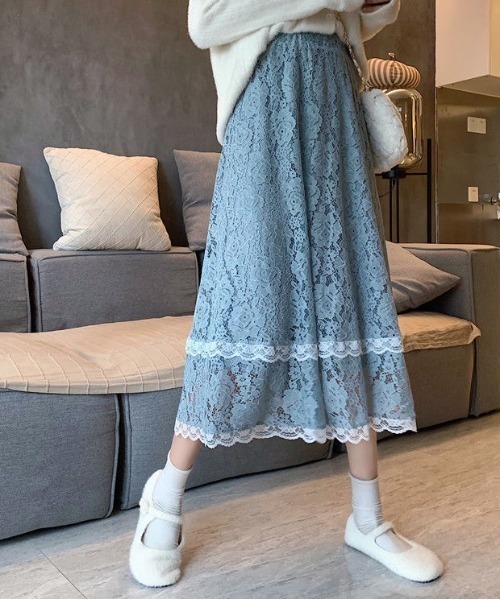 Teem Store(チームストア)の「花柄レース シースルーAラインスカート(スカート・レディース・ブルー/アイボリー/ブラック・F)」の14枚目の写真