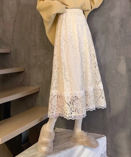 Teem Store(チームストア)の「花柄レース シースルーAラインスカート(スカート・レディース・ブルー/アイボリー/ブラック・F)」の6枚目の写真