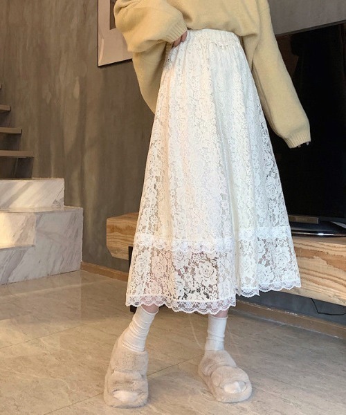 Teem Store(チームストア)の「花柄レース シースルーAラインスカート(スカート・レディース・ブルー/アイボリー/ブラック・F)」の7枚目の写真