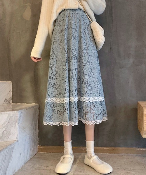 Teem Store(チームストア)の「花柄レース シースルーAラインスカート(スカート・レディース・ブルー/アイボリー/ブラック・F)」の15枚目の写真
