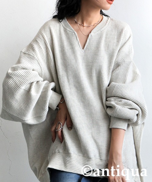 antiqua（アンティカ）の「オニワッフル カフタン襟 トップス（Tシャツ/カットソー・レディース・スミクロ/ピンク/ライム/ブルー/ナチュラル/オートミール/ブラック/杢グレー・ONESIZE）」の4枚目の写真