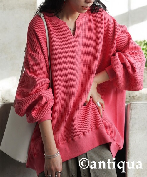 antiqua（アンティカ）の「オニワッフル カフタン襟 トップス（Tシャツ/カットソー・レディース・スミクロ/ピンク/ライム/ブルー/ナチュラル/オートミール/ブラック/杢グレー・ONESIZE）」の8枚目の写真