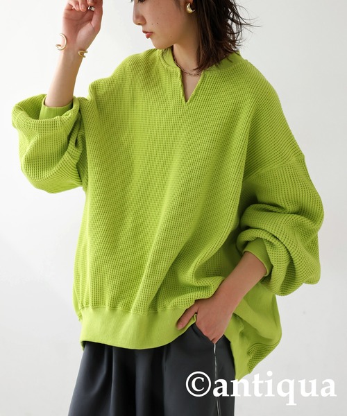 antiqua（アンティカ）の「オニワッフル カフタン襟 トップス（Tシャツ/カットソー・レディース・スミクロ/ピンク/ライム/ブルー/ナチュラル/オートミール/ブラック/杢グレー・ONESIZE）」の6枚目の写真