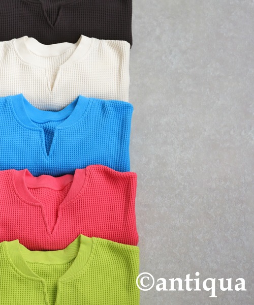 antiqua（アンティカ）の「オニワッフル カフタン襟 トップス（Tシャツ/カットソー・レディース・スミクロ/ピンク/ライム/ブルー/ナチュラル/オートミール/ブラック/杢グレー・ONESIZE）」の9枚目の写真
