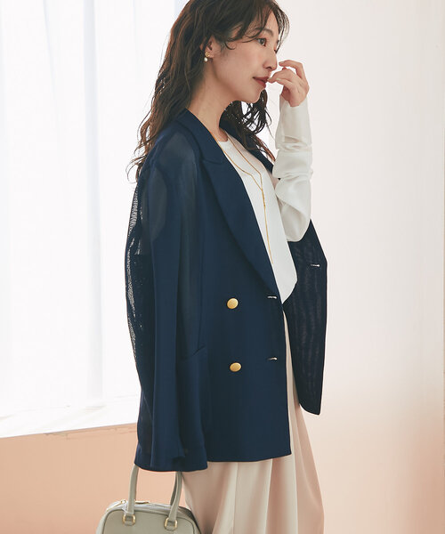 La boutique BonBon（ラブティックボンボン）の「【夏に着られるジャケット】メッシュメタルボタンライトジャケット（テーラードジャケット・レディース・グレイッシュベージュ/モカ/アイボリー/ネイビー/オフホワイト/ライトグレー・FREE）」の7枚目の写真