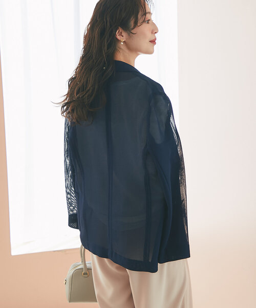 La boutique BonBon（ラブティックボンボン）の「【夏に着られるジャケット】メッシュメタルボタンライトジャケット（テーラードジャケット・レディース・グレイッシュベージュ/モカ/アイボリー/ネイビー/オフホワイト/ライトグレー・FREE）」の8枚目の写真