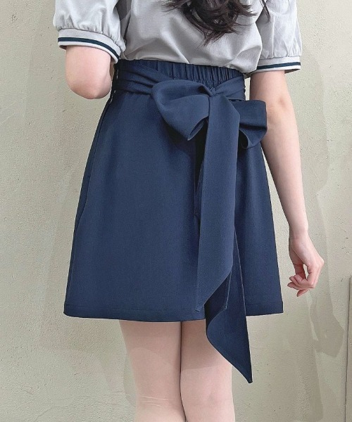 ブルーグレー バックラッフルリボンフレアスカート フィント　Fint バックラッフルリボンフレアースカート【洗える】 | アン