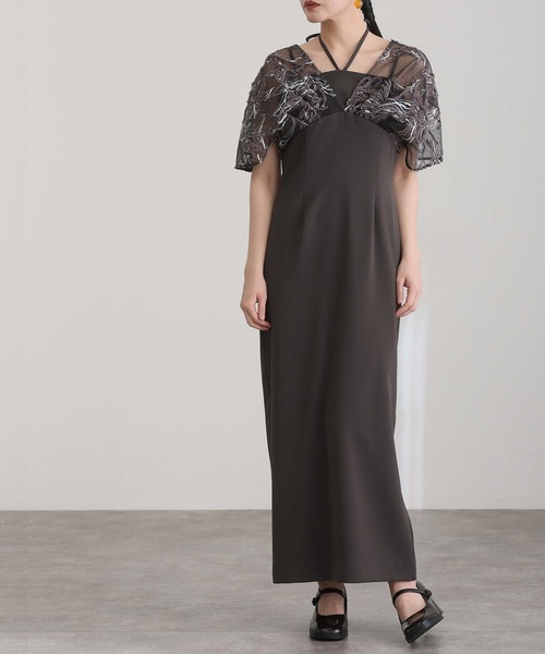 結婚式二次会パーティードレスリボンタイトフェザーフラワーラメ糸