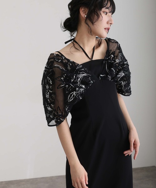 結婚式二次会パーティードレスリボンタイトフェザーフラワーラメ糸