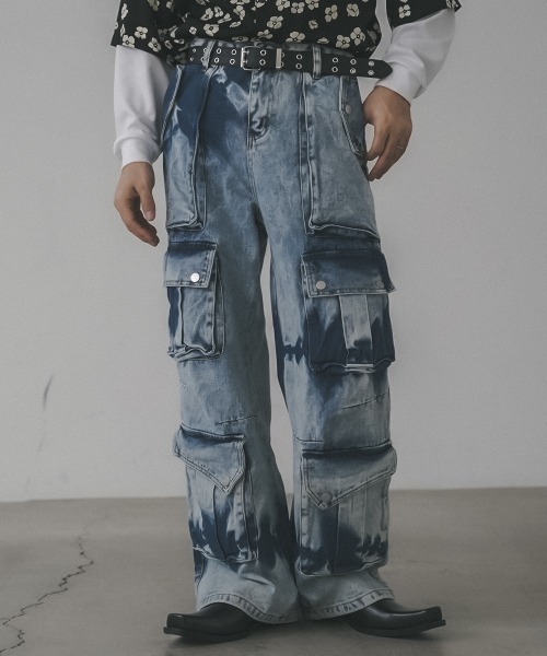 セール】Chemically washed hard bleached denim cargo pants