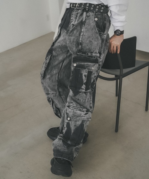 セール】Chemically washed hard bleached denim cargo pants
