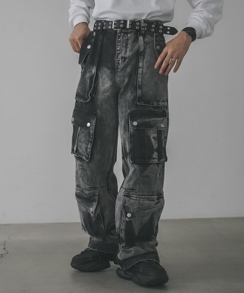 セール】Chemically washed hard bleached denim cargo pants