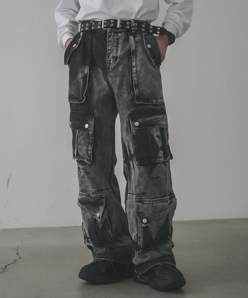 セール】Chemically washed hard bleached denim cargo pants