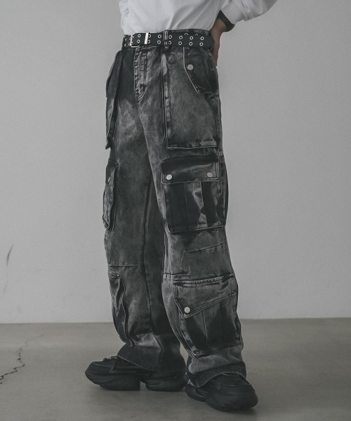 セール】Chemically washed hard bleached denim cargo pants