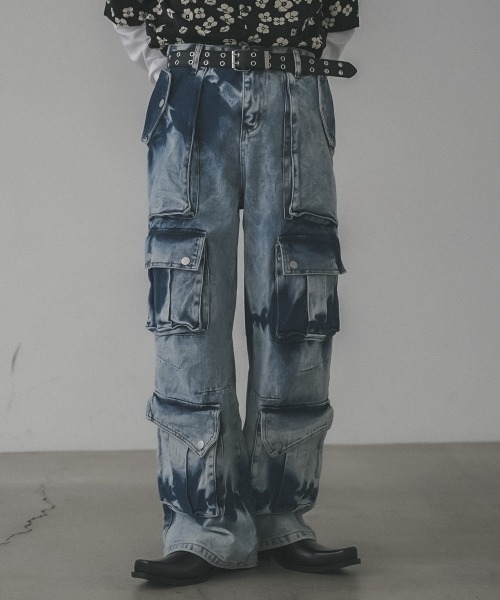 セール】Chemically washed hard bleached denim cargo pants