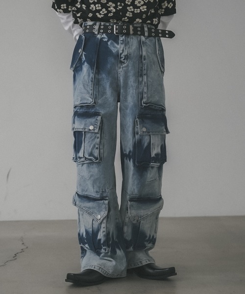セール】Chemically washed hard bleached denim cargo pants