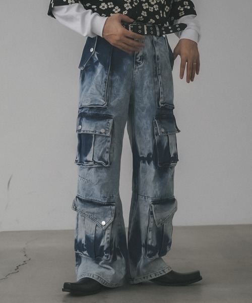 セール】Chemically washed hard bleached denim cargo pants