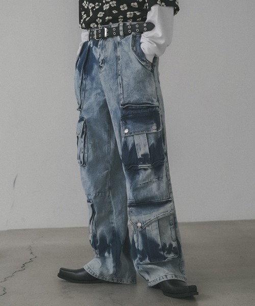 セール】Chemically washed hard bleached denim cargo pants