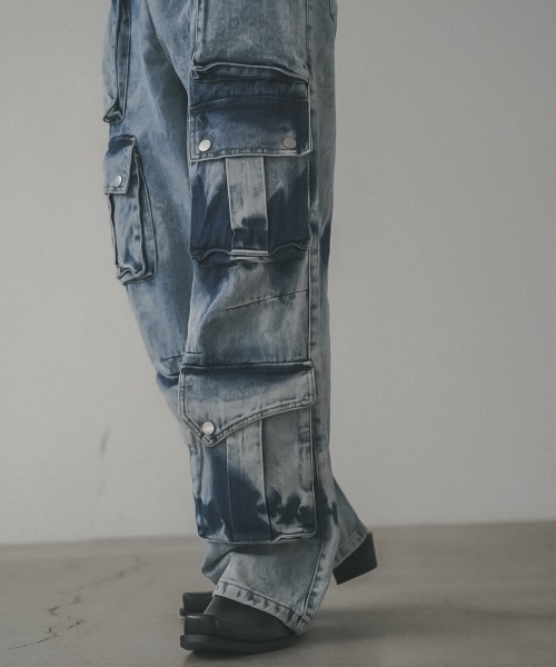 セール】Chemically washed hard bleached denim cargo pants
