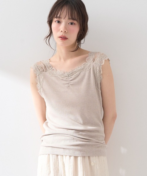 earth music&ecology（アースミュージックアンドエコロジー）の「ラメテレコショルダーレースタンクトップ（タンクトップ・レディース・アイボリー/ブラック/サックスブルー/ベージュ・M/S）」の9枚目の写真