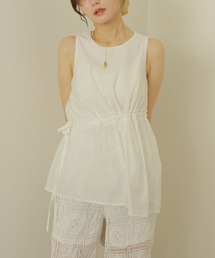 waist gather ribbon sleeveless blouse /ウエスト ギャザー リボン ノースリーブ ブラウス