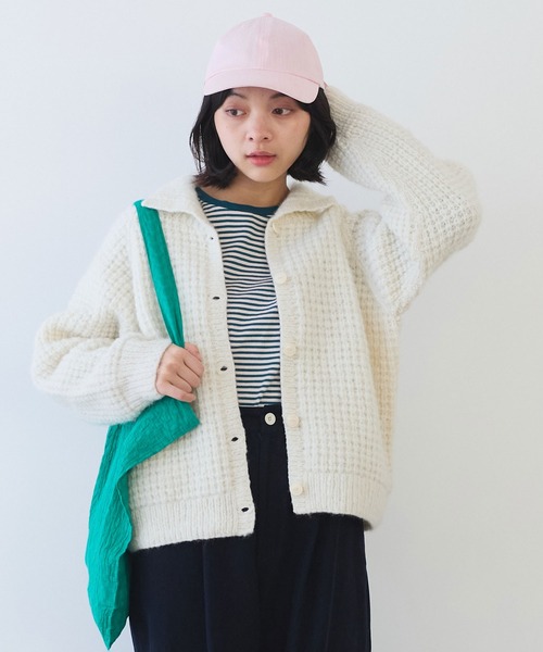 bulle de savon（ビュルデサボン）の「ネパールハンドニット ウール/ナイロン waffle ニットジャケット（ニット/セーター・レディース・グリーン/ホワイト・FREE）」の2枚目の写真