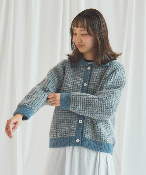 bulle de savon（ビュルデサボン）の「ネパールハンドニット ウール/ナイロン waffle ニットジャケット（ニット/セーター・レディース・グリーン/ホワイト/その他・FREE）」の3枚目の写真